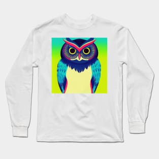 Colorful Owl Portrait Illustration - Bright Vibrant Colors Bohemian Style Feathers Psychedelic Bird Animal Rainbow Colored Art Long Sleeve T-Shirt